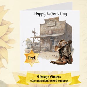 Tarjeta del Día del Padre con temática de vaquero - PERSONALIZADA - 4 diseños a elegir - Tarjeta del Viejo Oeste para papá - Saloon con sombrero y botas de vaquero - Día del Padre con temática del Oeste - Baile en línea