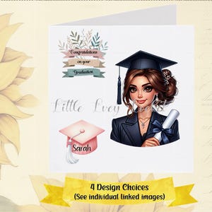 GRADUATION Card-4 Design Choices-PERSONALISED-Female Graduation Card-Cartoon Girl in Mortar Board/Gown- Congratulations Graduate-Daughter