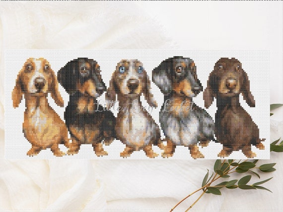ダックスフンドのクロスステッチ図案 – ソーセージ犬の列（PDFパターン