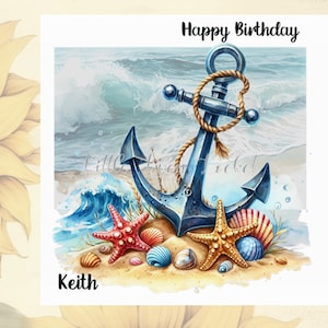 Tarjeta de cumpleaños ANCLA PERSONALIZADA - Ancla de mar en la playa - Conchas de mar - Estrella de mar - Concha - Unisex - Barco - Bote - Costero - Océano - Gancho de barro - Mensaje interior