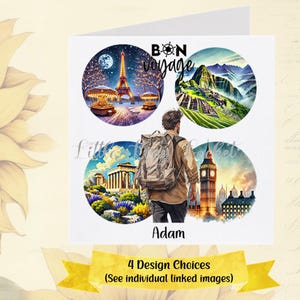 Bon Voyage Card-PERSONALISED-4 Design Choices-Male-World Travel-Vacation-Journey-Good Luck-Sightseeing-France-USA-UK-Egypt-Australia-India