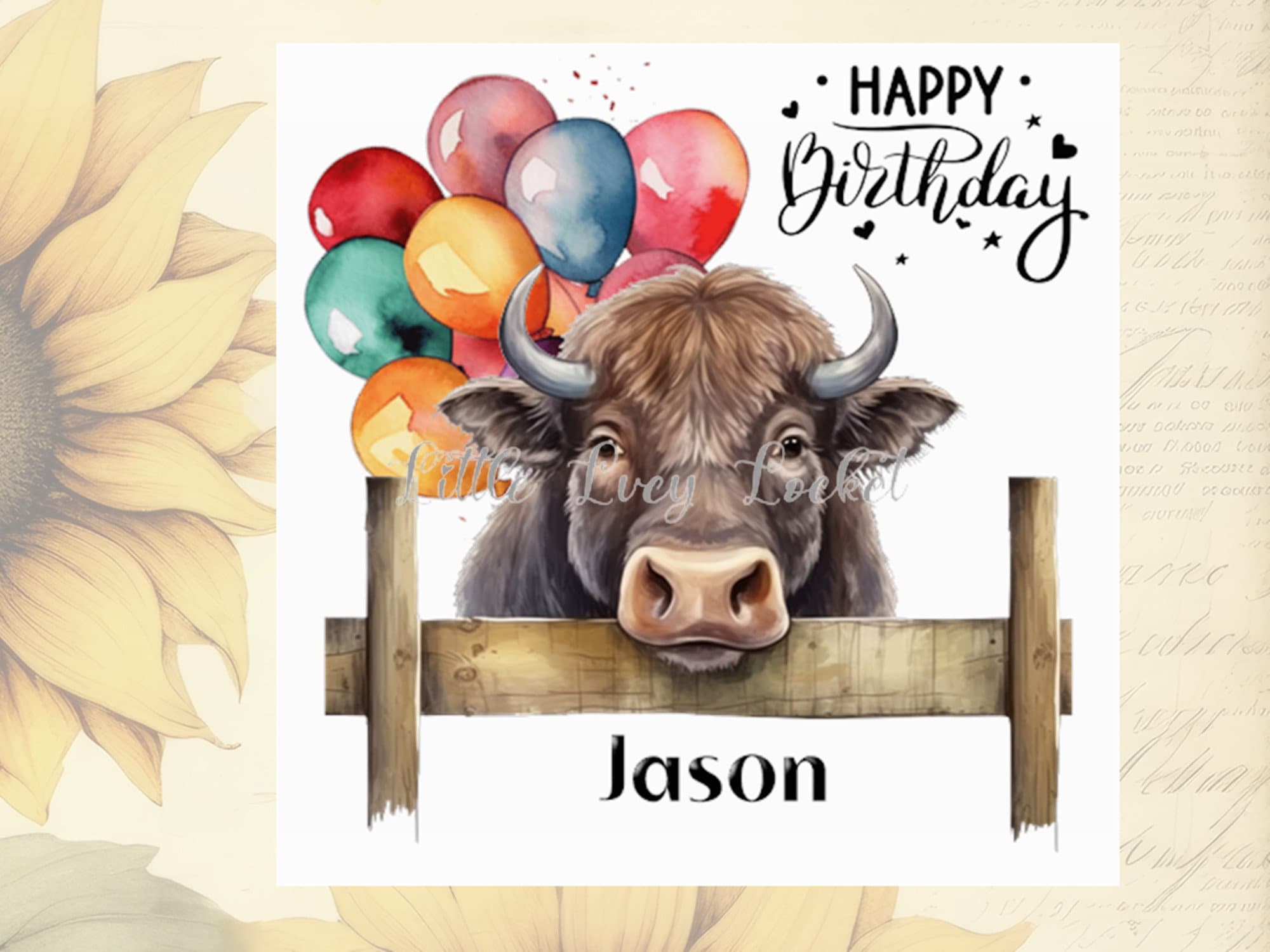 Personalized Bull Birthday Card: Watercolor Farm Animal With Balloons ...
