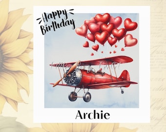 PLANE with Heart Balloons Birthday Card-PERSONALISED-Aeroplane on Muted Sky Background-Aircraft Birthday-Heart Balloons-Air Travel-Flying