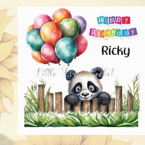 PANDA Geburtstagskarte-PERSONALISIERT-Peeking Panda-Aquarell Panda Bunte Luftballons-Unisex Tier Geburtstagskarte-Süße Panda Geburtstagskarte