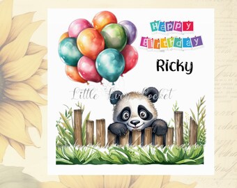 PANDA Birthday Card-PERSONALISED-Peeking Panda-Watercolour Panda Colourful Balloons-Unisex Animal Birthday Card-Cute Panda Birthday Card