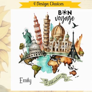 4 opciones de diseño: Tarjeta BON VOYAGE PERSONALIZADA, lugares de interés del mundo, visitas turísticas, año sabático, pasaporte, viajes, vacaciones, viaje, buena suerte en los viajes