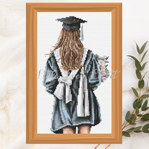 KRUISTEEKsteekkaart-afstuderen meisje met bloemen-alleen kaart-afgestudeerde x-steekkaart-leerling kruissteek-gefeliciteerd-studie x-steek