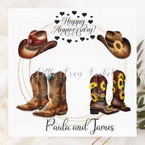 COWBOY Jubiläumskarte-PERSONALISIERT-Cowboy-Stiefel & Hüte JUBILÄUMSkarte-Wild West Jubiläumskarte-Happy Jubiläum-Western Themed Karte