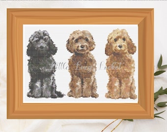Cockapoo Cross Stitch Chart-COCKAPOO Trio Cross Stitch Chart ONLY-Row of Cockapoos X Stitch Chart-Colour and B/W Chart-PDF Instant Download