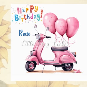Carte d'anniversaire scooter-personnalisé-cyclomoteur rose avec ballons-moto-femme anniversaire-moto-16e anniversaire-meilleur ami-adolescente-scooter