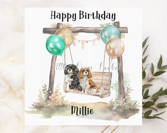 CAVALIER Birthday Card-PERSONALISED-King Charles SPANIELS on Watercolour Garden Swing-Cavalier King Charles Spaniel Birthday Card-Spaniels