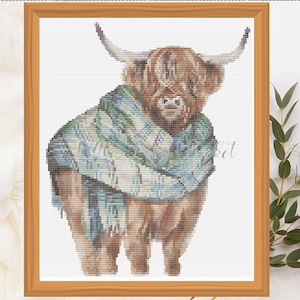 CROSS STITCH Chart-PDF-Highland Cow in Scarf-Chart Only-Black/White & Colour Charts Provided-Full Floss List-Hairy Cow Cross Stitch Pattern