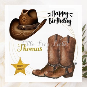 COWBOY-Watercolour Image-Wild West Cowboy Card for Him-Cowboy Boots/Hat Birthday Card-PERSONALISED-Western-Style Birthday Card-Sheriff Badge