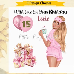 TEEN Girl-Alter Geburtstagskarte-PERSONALISIERT-Mädchen in Pink PJs Teen Geburtstag-4 Haarfarben-Tochter Geburtstag-Schwester-Nichte-Freundin-Enkelin