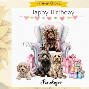 Cockapoo Geburtstagskarte-PERSONALISIERT-4 Designauswahl-Cockapoos auf Sofa / Stuhl-Hund Geburtstagskarte-Alle Fellfarben-Rotes Sofa-Grünes Sofa-Geschenke