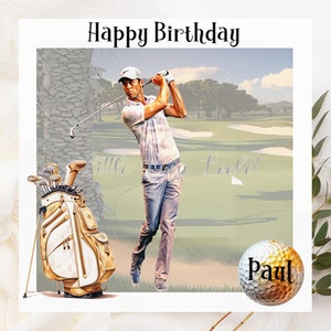 Tarjeta de cumpleaños para golfista masculino - PERSONALIZADA - Fondo de campo de golf en tonos apagados - Golfista masculino con bolsa de golf - Pelota de golf con nombre - Tarjeta de cumpleaños para golfista