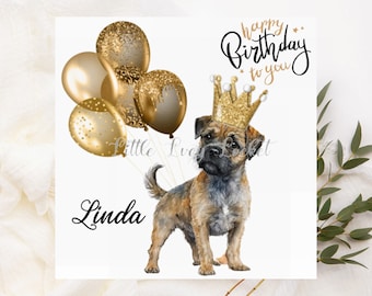 Border Terrier Birthday Card-PERSONALISED-Birthday BORDER TERRIER with Gold Balloons & Crown-Terrier Birthday-Dog Lover Birthday Card-Border
