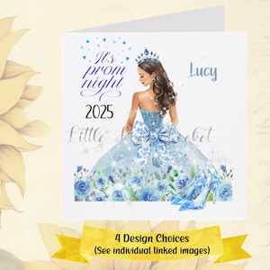 Tarjeta de graduación de PRINCESA - PERSONALIZADA - 4 diseños a elegir - Vestido azul y rosas - Chica de cabello oscuro - Reina del baile - Tarjeta de graduación para hija - Nieta - Sobrina - Graduada