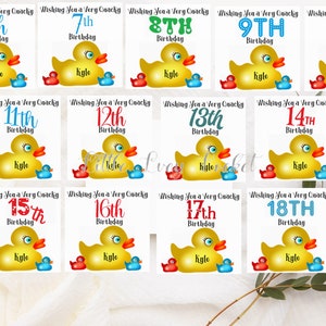 Enten-Alter Geburtstagskarte-PERSONALISIERT-Rubber Duck Card-Ages 6-18 verfügbar-ich wünsche Ihnen einen sehr QUACKY Geburtstag-6.-7.-8.-15.16.17.-18