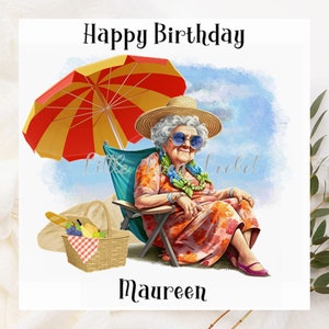 Tarjeta de cumpleaños de abuela en la playa - PERSONALIZADA - Tarjeta de cumpleaños de playa - Tarjeta de cumpleaños junto al mar - Tarjeta de cumpleaños para abuela/abuela/nan - Cumpleaños femenino