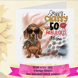 DACHSHUND 50e carte-personnalisé-4 Design choix-impertinence chic cinquantième-femelle 50e-imprimé léopard-saucisse chien 50e anniversaire-imprimé animal