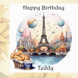 PARIS thème carte d'anniversaire-personnalisée-aquarelle Paris toile de fond-croissants & café-carte d'anniversaire unisexe-carte parisienne-tour Eiffel-pastel
