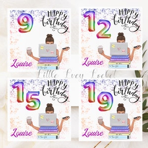 Carte d'anniversaire fille âge-personnalisée-arc-en-ciel 9e-19e anniversaire-fille avec ordinateur portable-ado anniversaire-11 âges-adolescent anniversaire-carte informatique