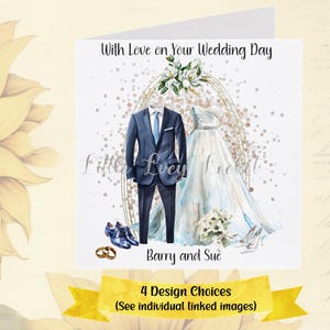 HOCHZEITS-Karte-PERSONALISIERTE-4 Design-Auswahl-Braut- & Bräutigam-Outfits-Hochzeitskleid mit Anzug-Mr und Mrs-Ehe-Hochzeitskleidung-2.Ehe