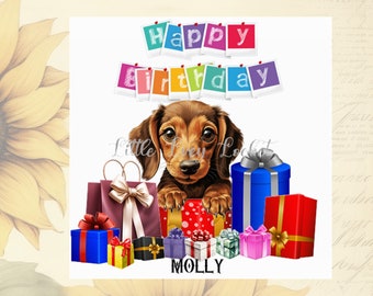 パーソナライズされたダックスフンドの誕生日カード：プレゼントを持った水彩画風のソーセージ犬