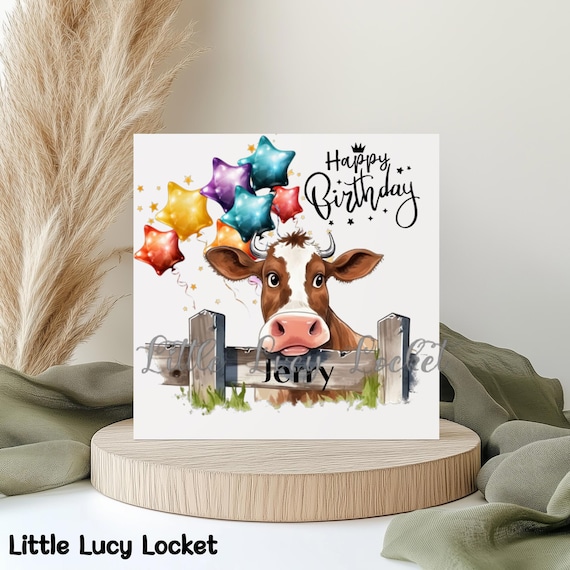 COW Birthday Card-PERSONALISED-Highland COW Peeking Over Gate-Watercolour Brown/White Cow-Colourful Balloons-Unisex Cow Birthday-Farm Animal