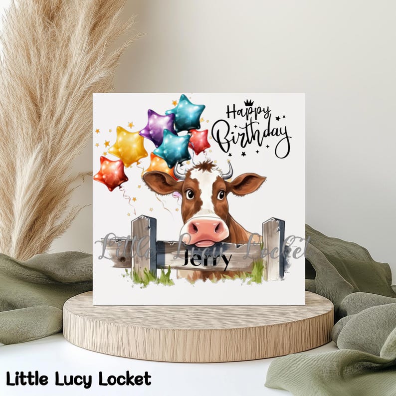 Verjaardagskaart KOE-GEPERSONALISEERD-Highland COW gluren over poort-aquarel bruin/witte koe-kleurige ballonnen-unisex koe verjaardag-boerderijdier afbeelding 1