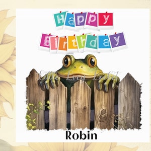 FROG Birthday Card-PERSONALISED-Peeking Frog Card-Watercolour Cute Frog/Toad-Colourful Balloons-Peeking Over Gate-Unisex Toad Birthday Card