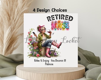 Retirement Card: 4 Design Choices, Retired Nurse, Female, Fun, Quirky, Whimsical, Gardening, Personalised