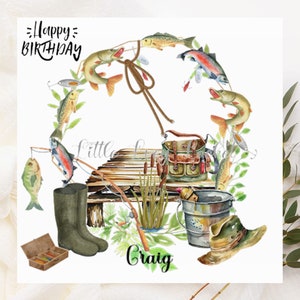 Tarjeta de cumpleaños con corona de pesca personalizada, diseño único, ideal para cumpleaños de pescador.