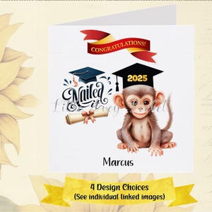 Tarjeta de GRADUACIÓN de Mono - 4 diseños a elegir - PERSONALIZADA - Graduado unisex - ¡Excelente! - Felicitaciones - Exámenes finales - Graduación de hijo/hija - Graduado de Chimpancé