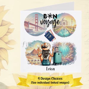 Bon VOYAGE Card-PERSONALISED-4 Design Choices-Female-World Sights-Travelling-Vacation-Journey-Good Luck-Sightseeing-France-USA-London-Egypt