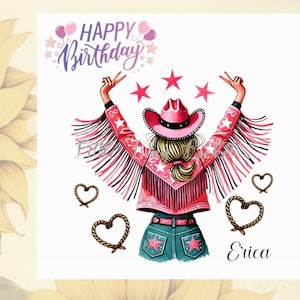 COWGIRL Geburtstagskarte-PERSONALISIERT-Pinke Fransenjacke-Cowgirlhut-Sterne & Herzen-Rückansicht des Mädchens-Weiblicher Geburtstag-Optionaler Innenhinweis