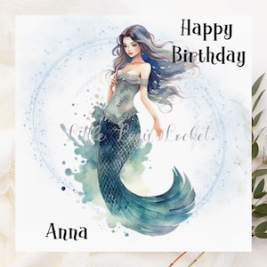 Carte d'anniversaire sirène-personnalisée-aquarelle imprimée paillettes fond-carte sirène-carte d'anniversaire carte-carte sous-marine sur le thème