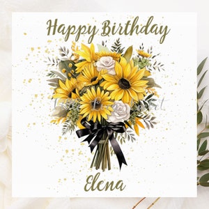 Tarjeta de cumpleaños con ramo de girasoles - PERSONALIZADA - Tarjeta de cumpleaños floral - Ramo de girasoles en acuarela - Fondo con purpurina impresa - Ramo soleado