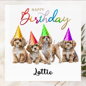 May include: Happy Birthday card with a watercolor illustration of four brown dogs wearing colorful party hats. The card says "Happy Birthday" and "Lottie" at the bottom.