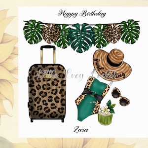 VACANCES carte d'anniversaire fille-personnalisé-valise-maillot de bain-chapeau de soleil-ombres-cocktail-thème tropical-vacances-femme carte d'anniversaire-fille-ado