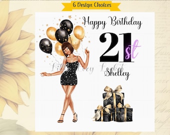 21st Birthday Card-PERSONALISED Birthday Card-6 Design Choices-Short Hair/Bob Girl with Gifts & Balloons-Twenty First-Daughter-Bestie-Female