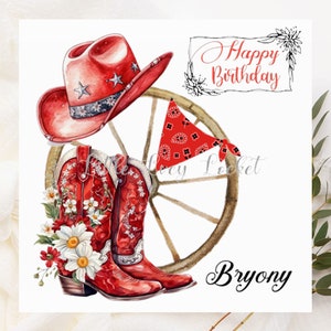 Bottes de cow-boy et chapeau de cow-girl ROUGE carte personnalisée-carte d'anniversaire de danse en ligne-bottes de cow-girl et carte de chapeau pour danseur en ligne-bottes, chapeau, bandana