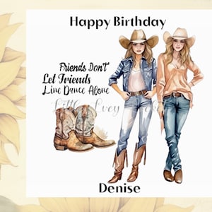 COWGIRL anniversaire carte-personnalisé-ligne amis-bottes de cow-boy-femme anniversaire carte-ranch-Wild West Style-houe vers le bas-grange danse-Cowgirl