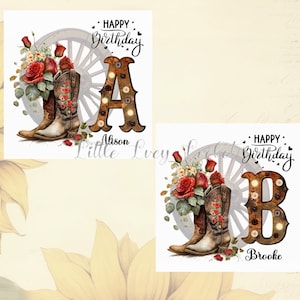 Carte d'anniversaire monogramme COWGIRL-personnalisé-bottes de cow-boy avec roses-roue de chariot-rouillé initiale-ligne carte d'anniversaire-carte d'anniversaire femme