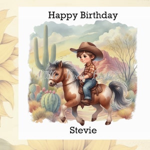 COWBOY Geburtstagskarte-PERSONALISIERT-Kleiner Junge-Western-Style-Wüste Szene-Aquarell Bild-Junge auf Pferd-Tween-Lad-Kind-Rodeo-Kakteen