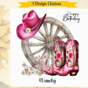 Carte d'anniversaire personnalisée bottes de cowboy/chapeau-personnalisé-4 choix de conception-ligne danse-bottes de cow-girl/chapeau-ligne danseuse-Wild West-carte d'anniversaire femme