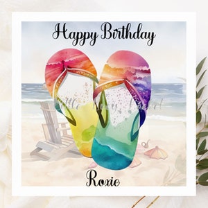 BEACH Schuhe Geburtstagskarte-PERSONALISIERT-helle farbige Schuhe auf gedämpftem Aquarell-Strand-Hintergrund-SEA Themen-Geburtstags-Karten-Küstenkarte