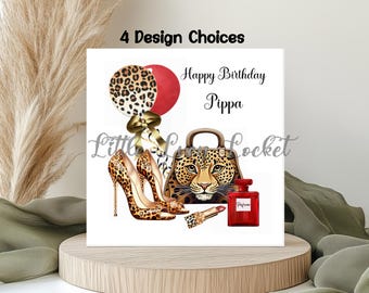 Verjaardagskaart met schoenen/tas-thema - 4 ontwerpopties, gepersonaliseerd, luipaardprint, ballonnen, lippenstift, parfum, mode, accessoires