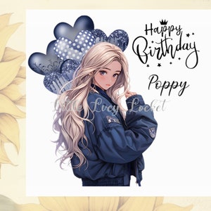 ANIME Girl Birthday Card-PERSONALISED-Denim Jacket-Manga-Anime Style-Japanime-Female Birthday-Cartoon-Teenager Birthday-Daughter-Best Friend